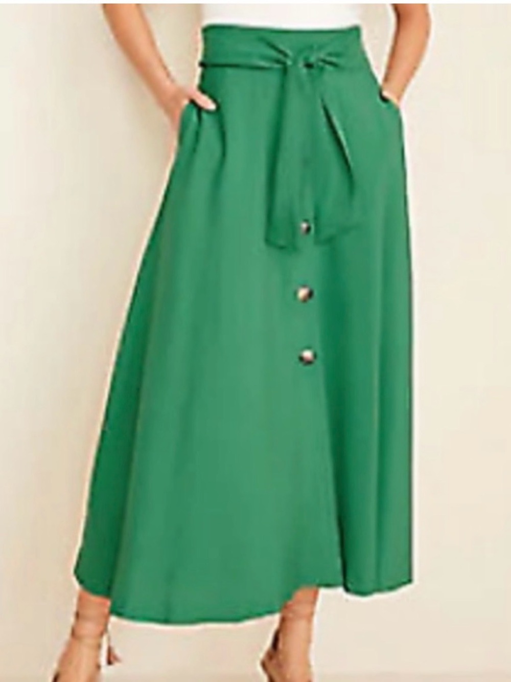 Ann Taylor Emerald Green Tie-Waist Button Midi Skirt